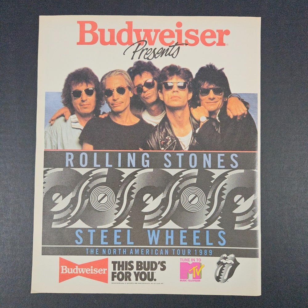 1989 Budweiser Presents Rolling Stones Steel Wheels Tour Vintage Print Ad MTV